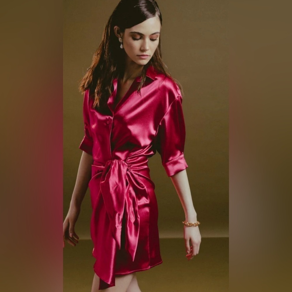 NWT Molly Bracken Silky Wrap Around Mini Tie Dress in Raspberry